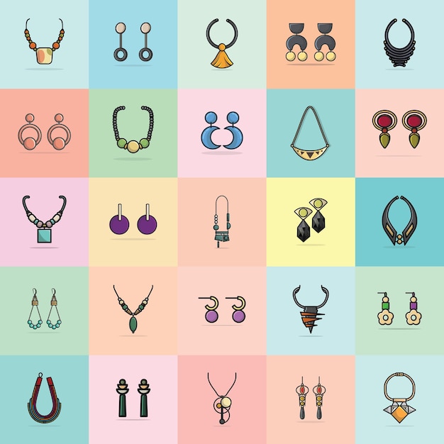 Vecteur collection de 50 colliers et boucles d'oreilles de luxe pour femmes avec illustration vectorielle en pierres précieuses