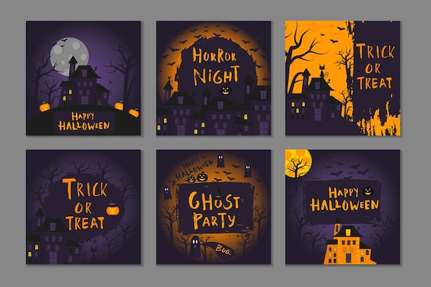 Collection De 6 Affiches D'halloween Heureuses Avec Des Symboles Traditionnels Et Des Lettres Dessinées à La Main. L'illustration Vectorielle Peut être Utilisée Pour Le Papier Peint, La Page Web, La Carte De Vœux, L'invitation Et La Conception De Fête.