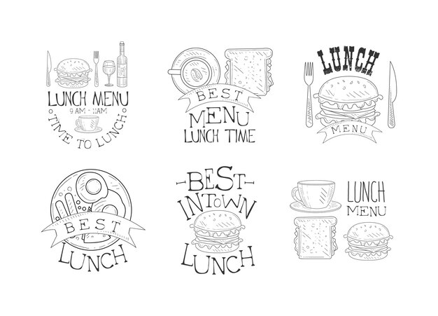 Collection De 6 Emblèmes De Menu De Déjeuner Dessinés à La Main Logos Monochromes Originaux Avec Des Tasses De Café De Restauration Rapide œufs Frits Avec Des Saucisses Design Pour Affiche Promotionnelle De Café Ou De Restaurant étiquettes Vectorielles Isolées