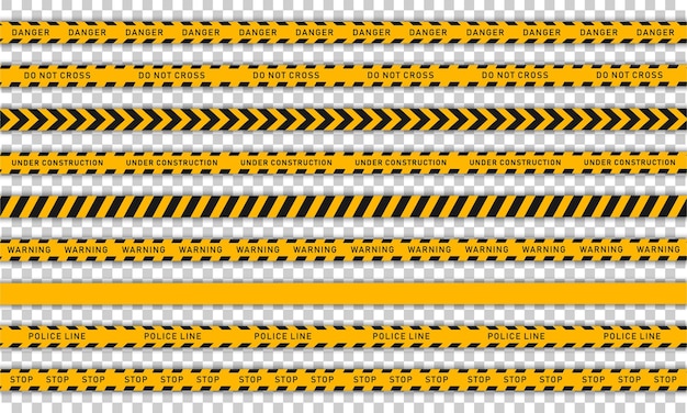 Vecteur collection de 9 bandes jaunes transparentes à rayures noires pour les travaux de construction ou les scènes de crime