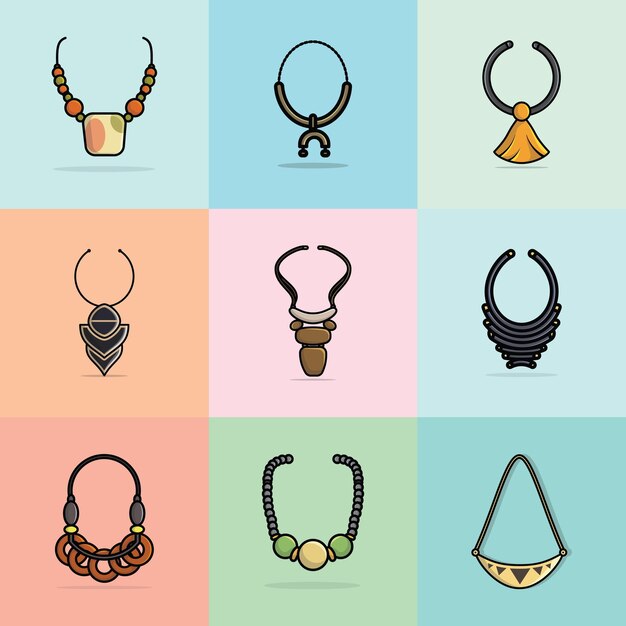 Collection De 9 Belles Femmes Colliers Colliers Illustration Vectorielle Objets De Beauté Et De Mode Icône