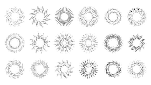 Collection abstraite Cercles ronds Set Éruption d'étoiles Éruption de soleil Sunset Ligne noire Éléments de conception du Doodle