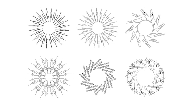 Collection abstraite Cercles ronds Set Éruption d'étoiles Éruption de soleil Sunset Ligne noire Éléments de conception du Doodle