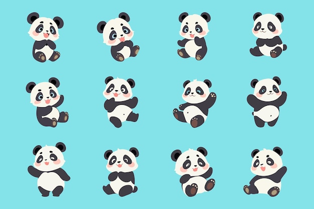 Une collection d'adorables pandas de dessins animés avec différentes expressions