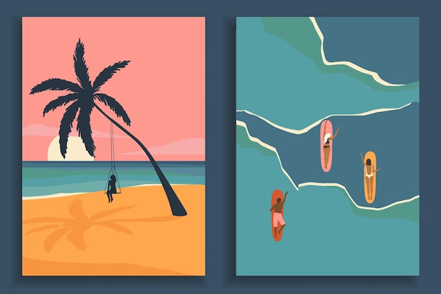 Vecteur collection d'affiche de paysage coloré abstrait. ensemble de modèles d'impression de plage d'art contemporain.