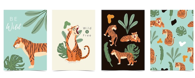 Collection d'affiches d'animaux avec illustration de conception de tigre