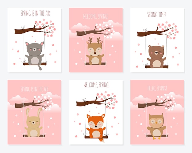 Collection D'affiches Vectorielles Avec Des Animaux Mignons Et Un Slogan De Printemps