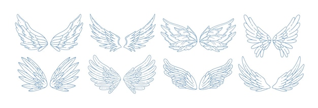 Collection d'ailes de plumes d'ange, d'oiseau ou d'amour dessinées avec des lignes de contour. Ensemble d'éléments de design décoratif romantique isolés sur fond blanc. Illustration vectorielle élégante pour la Saint-Valentin.