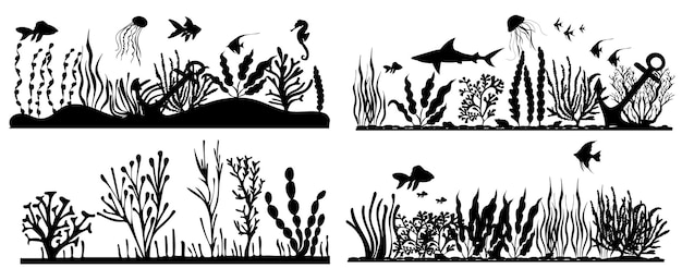 Collection D'algues Et De Poisson Silhouette Vecteur Isolé