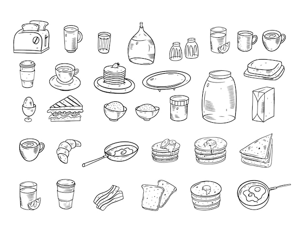Une collection d'aliments comprenant un sandwich, des crêpes et d'autres choses.