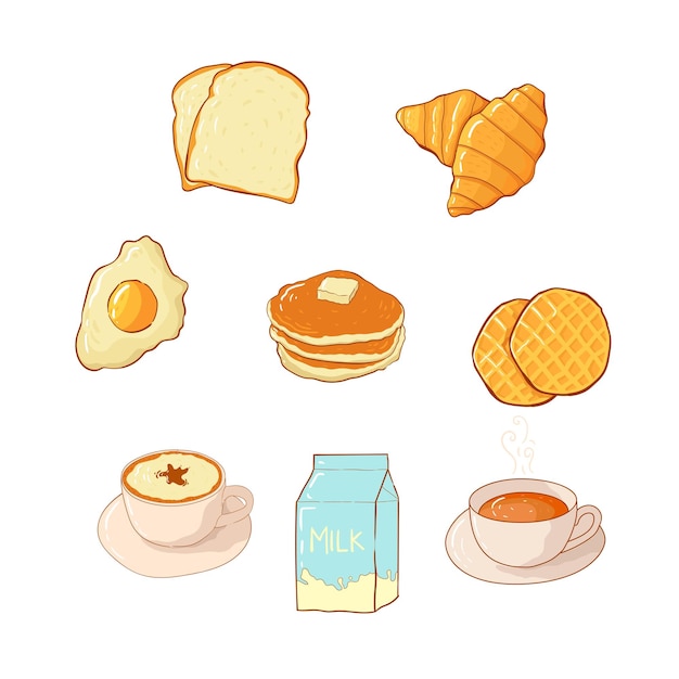 Collection d'aliments pour le petit déjeuner dessinés à la main