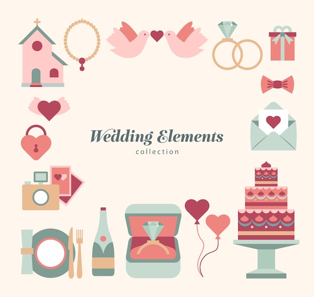 Collection d'amour de mariage doodles éléments d'icônes