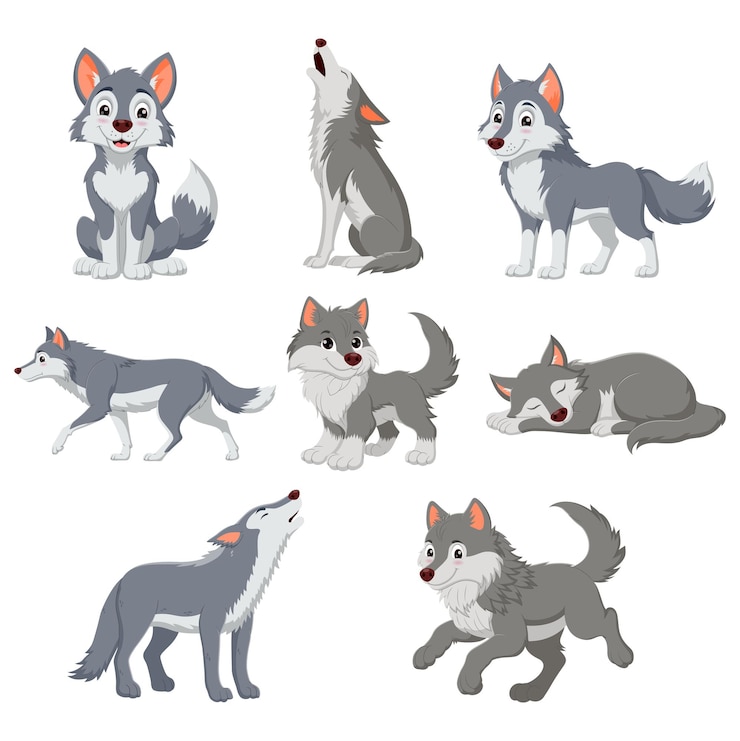 Vecteur une collection amusante de loups de dessins animés affichant diverses poses adaptées à l'illustration de livres pour enfants