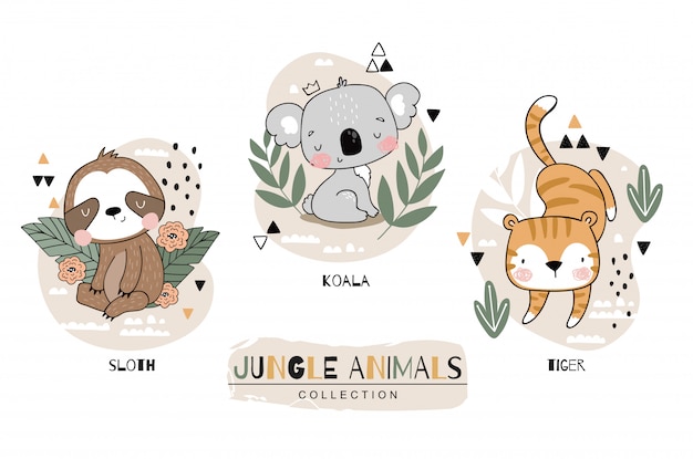 Vecteur collection d'animaux de bébé jungle. paresse avec des personnages de dessins animés de koala et de tigre. illustration de conception de jeu d'icônes dessinées à la main.