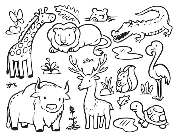 Vecteur la collection d'animaux de doodle colorant les animaux