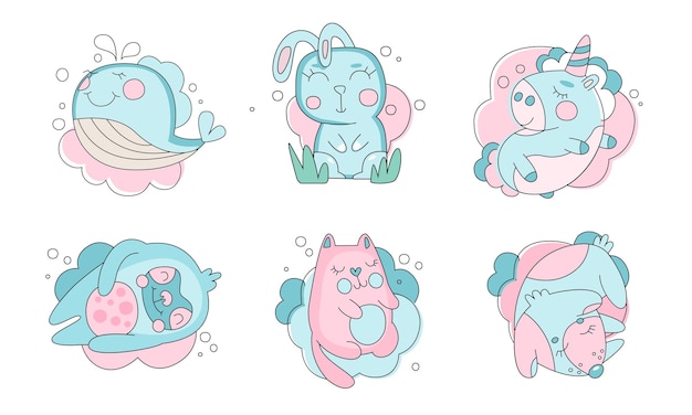 Collection d'animaux dormeurs mignons adorable lapin baleine unicorne chat chien de couleurs pastel illustration vectorielle