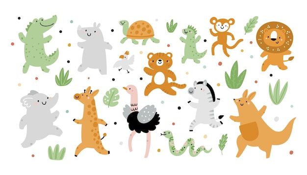 Vecteur collection d'animaux exotiques pour bébés jeu de personnages d'animaux enfantins
