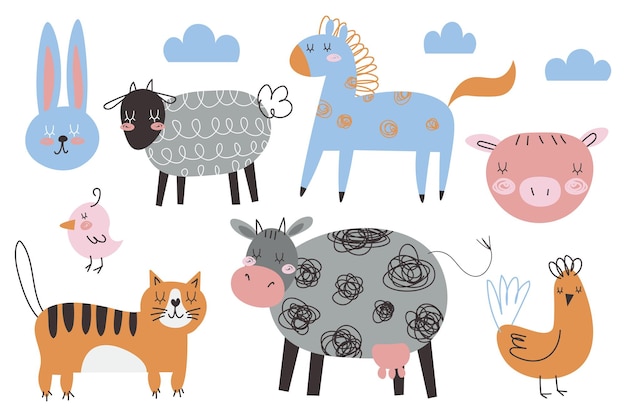 Collection D'animaux De Ferme Mignons Illustrations Vectorielles Colorées De Vache Cochon Mouton Avec Effet Texturé Dessin De Griffonnage Coloré Isolé Sur Fond Blanc Animaux Domestiques Avec Des Expressions De Visage Eps