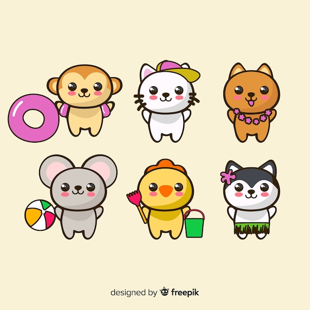 Vecteur collection d'animaux kawaii plats