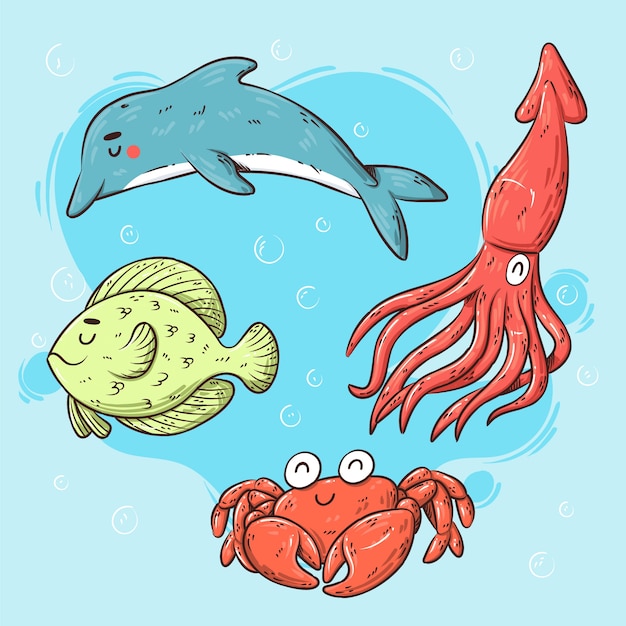 Collection d'animaux marins dessinés à la main