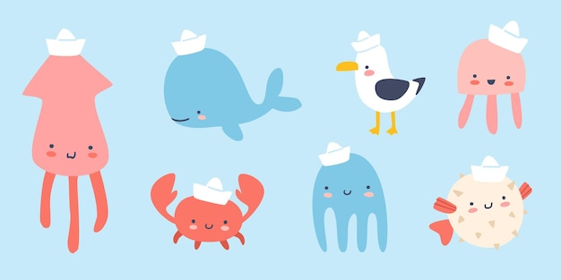 Collection D'animaux Marins Mignons En Chapeau De Marin.