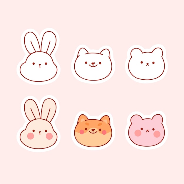 Collection d'animaux mignons avec autocollant isolé sur rose