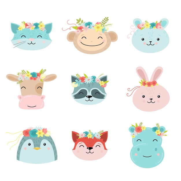 Collection D'animaux Mignons Avec Une Couronne Florale.