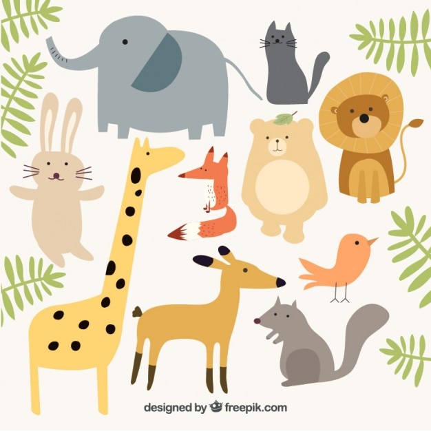 collection d'animaux sauvages avec des feuilles vertes