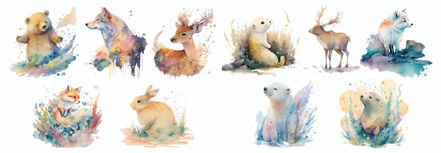 Collection d'aquarelle de la faune Une série vibrante d'animaux dans la nature Set d'illustrations artistiques pour divers