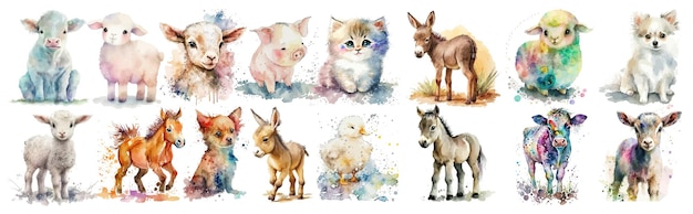 Collection D'aquarelles D'adorables Animaux De Ferme Et Domestiques Illustrations Artistiques Pour Livres Pour Enfants Art Mural Ou éducatif