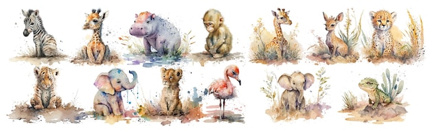 Vecteur collection d'aquarelles de bébés animaux un ensemble magnifiquement illustré avec un zèbre une girafe un hippopotame un éléphant un tigre un flamant et plus encore en naturel