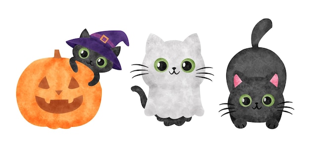 Collection D'aquarelles De Jeu De Chats Effrayants Mignons D'halloween.