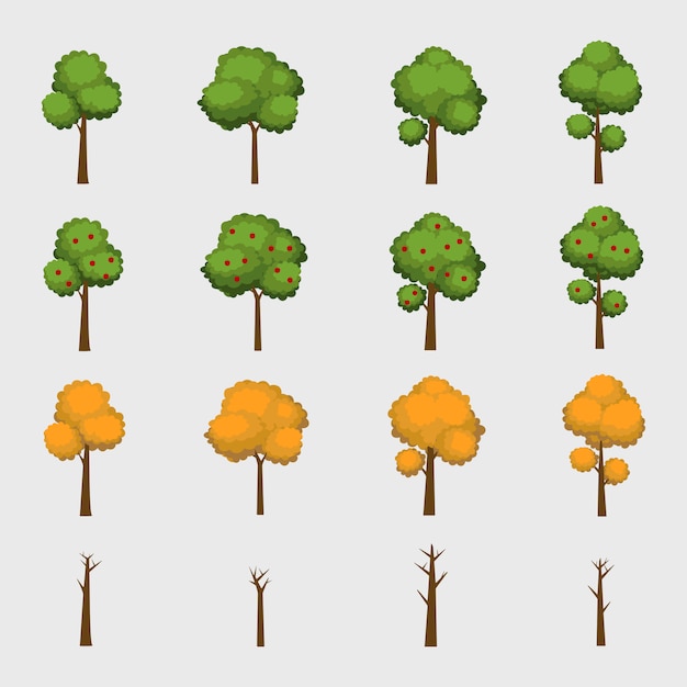 Vecteur collection d'arbres de dessin animé de quatre saisons. printemps été automne hiver