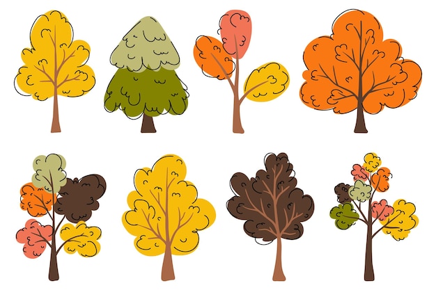 Collection d'arbres dessinés à la main dans un style plat artistique éléments d'arbre d'automne ensemble d'icônes d'arbrez de forêt d'automme