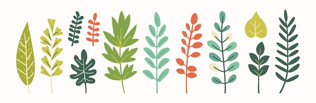 Collection d'arbres et de feuilles dessinée à la main élément de conception plat ensemble botanique d'arbre nu et ceux avec des feuilles et une couleur pastel luxuriante limitée