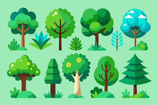 une collection d'arbres et de plantes différents, dont un qui a une goutte d'eau bleue