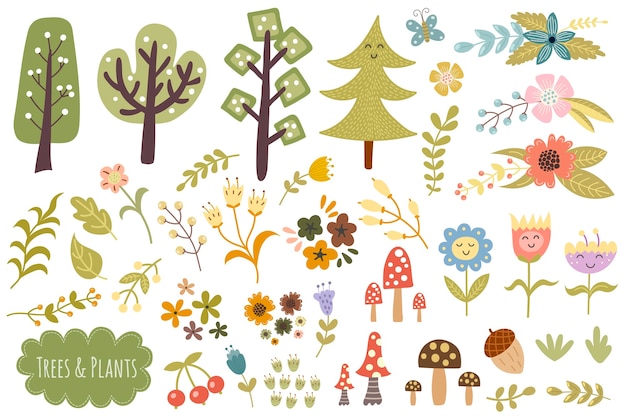 Collection D'arbres, De Plantes Et De Fleurs. Ensemble D'éléments Mignons De La Forêt.