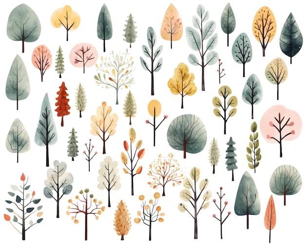 Collection d'arbres scandinaves aquarelles Arbres colorés abstraits mignons Plantes vectorielles scandi à la mode