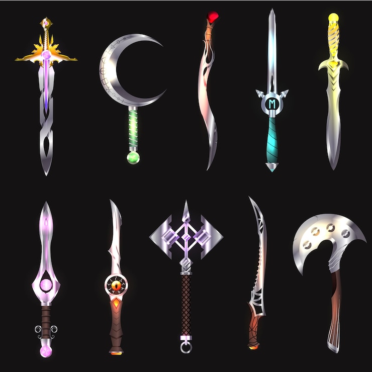 Vecteur collection d'armes de décoration pour jeux ui magie ancienne armure de défense ensemble d'insignes de dessin animé médiéval