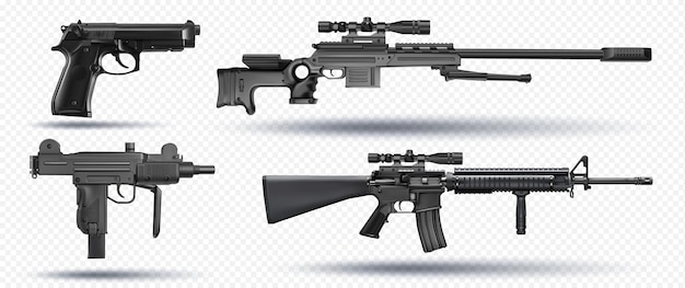 une collection d'armes dont une qui a un pistolet dessus