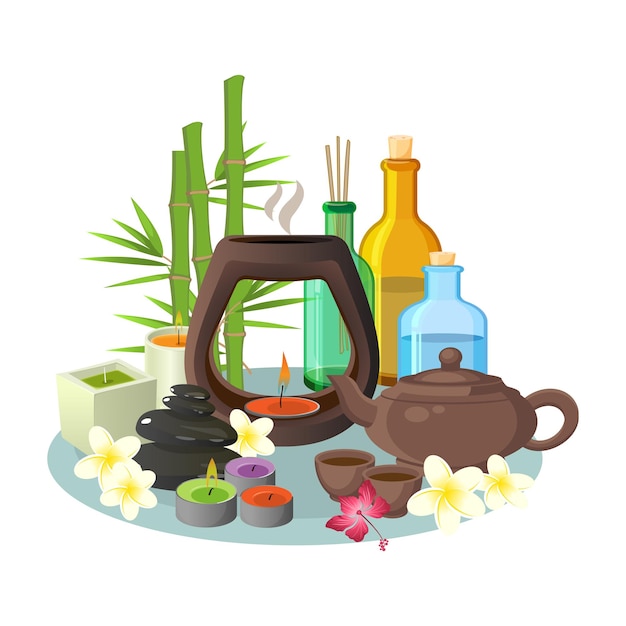 Vecteur collection d'aromathérapie de bougies et de bouteilles colorées spéciales pour la détente sur un plateau gris. illustration de bougies aromatiques, théière brune avec des tasses, des bouteilles avec des liquides spéciaux et des plantes hautes