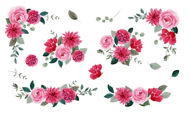 Vecteur collection d'arrangement aquarelle floral rose