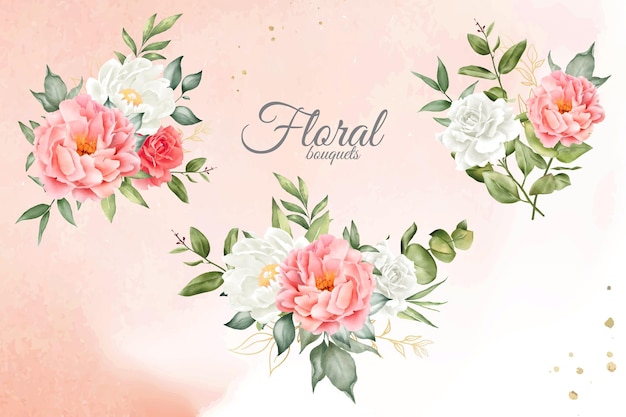 Collection d'arrangements floraux à l'aquarelle avec fleurs et feuilles dessinées à la main