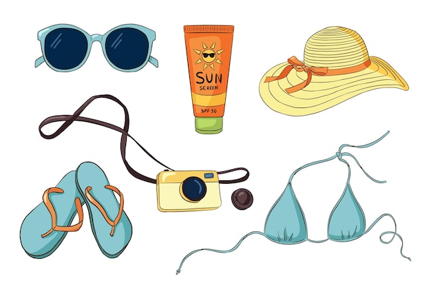 Vecteur collection d'articles de vacances dessinés à la main. bikini de lunettes de soleil, tongs, appareil photo, tube de crème solaire, chapeau de femme. ensemble de vacances d'été pour le logo, les autocollants, les impressions, la conception d'étiquettes. vecteur premium