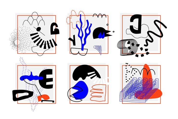 Vecteur collection artistique d'affiches dans une technique faite à la main collection d'éléments de conception audacieux et lumineux pour le magazine textile motion, etc. modèle de formes abstraites couleurs orange bleu noir