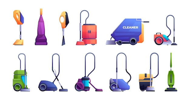 Collection d'aspirateurs Lavage et nettoyage de l'équipement professionnel pour la maison et le bureau machine de service de nettoyage cyclone aspirateur Ensemble vectoriel