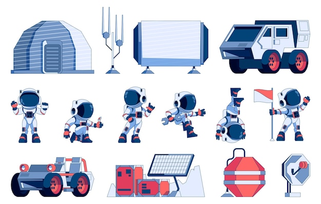 Collection d'astronautes et de rover Machines d'exploration spatiale de dessins animés vaisseau spatial de navette et mars rover apesanteur et colonisation de l'univers Ensemble vectoriel