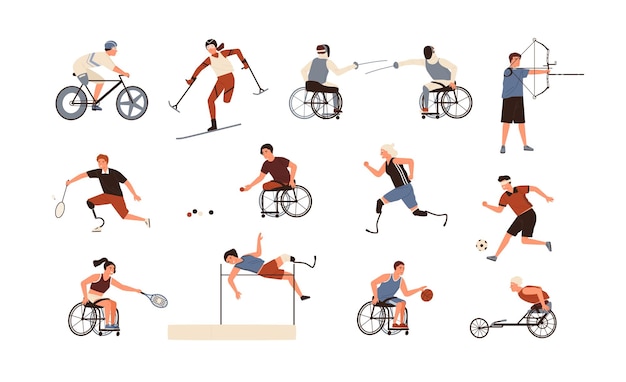 Collection d'athlètes paralympiques masculins et féminins isolés sur fond blanc. Groupe de personnes handicapées avec des membres prothétiques pratiquant des activités sportives. Illustration vectorielle de dessin animé plat.