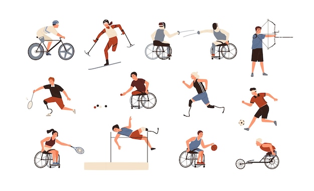 Collection D'athlètes Paralympiques Masculins Et Féminins Isolés Sur Fond Blanc. Groupe De Personnes Handicapées Avec Des Membres Prothétiques Pratiquant Des Activités Sportives. Illustration Vectorielle De Dessin Animé Plat.