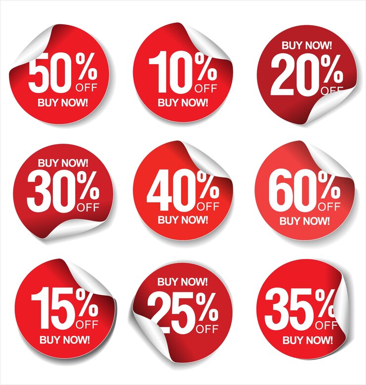 Vecteur collection d'autocollants et de badges promotionnels avec différents pourcentages de réduction